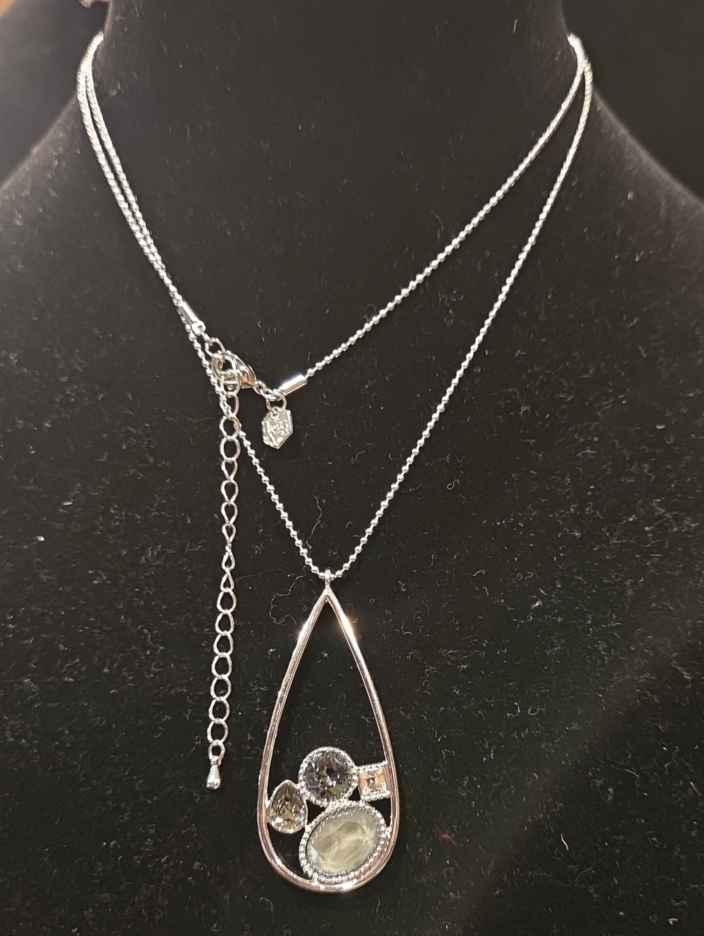 Touchstone Crystal Silver Teardrop Necklace with Clear Stones